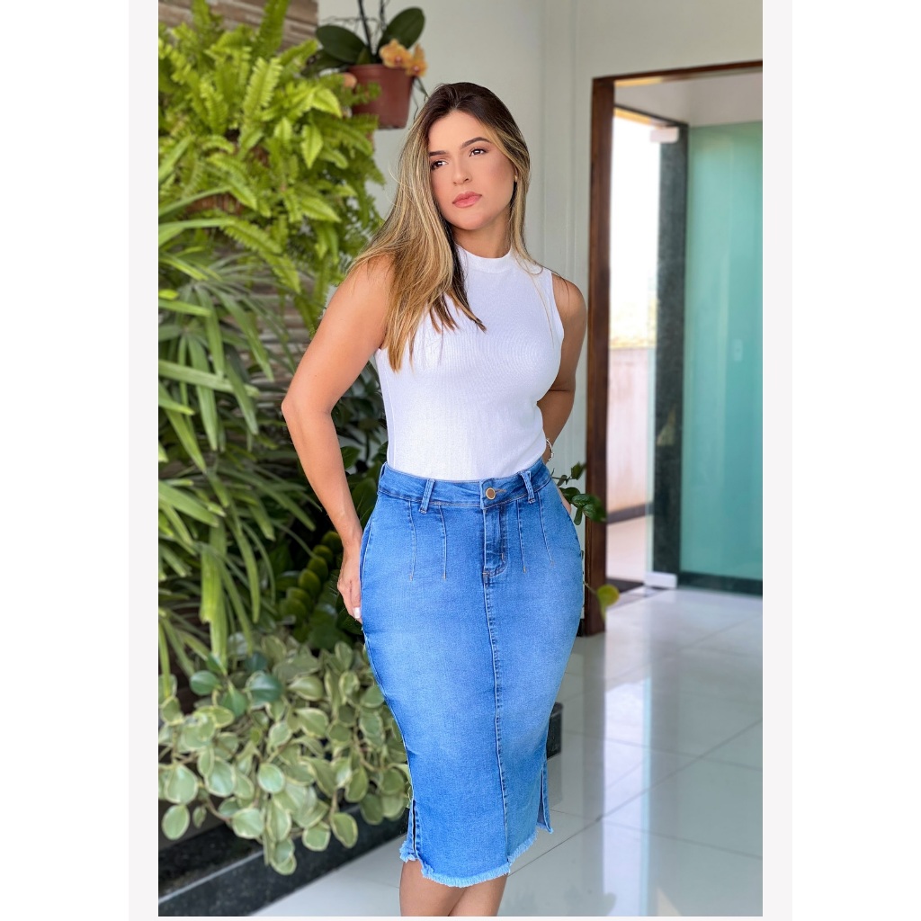 Saia jeans midi store clara