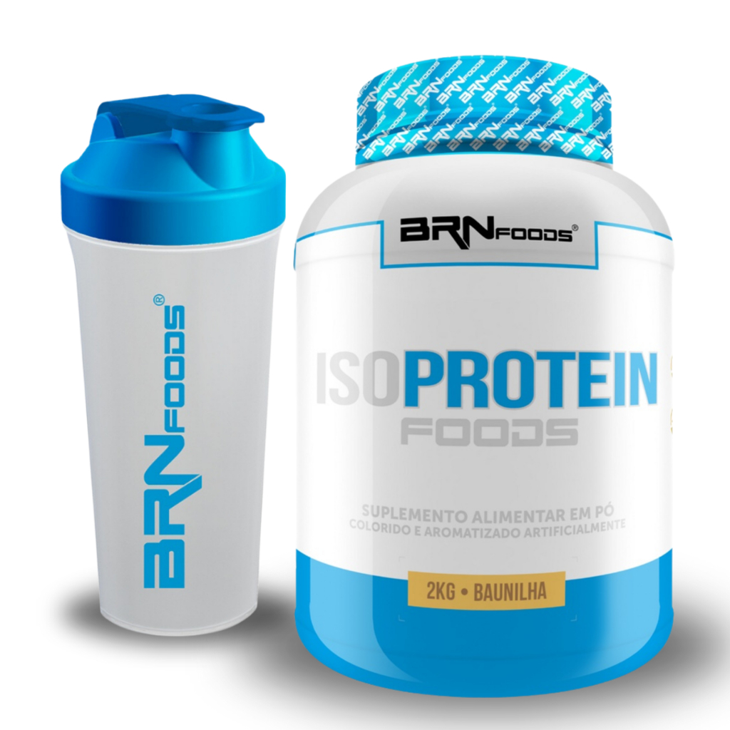 KIT Whey Protein Isolado Iso Protein Foods 2kg + Coqueteleira 600ml – BRN FOODS Kit para aumento de massa e recuperação muscular