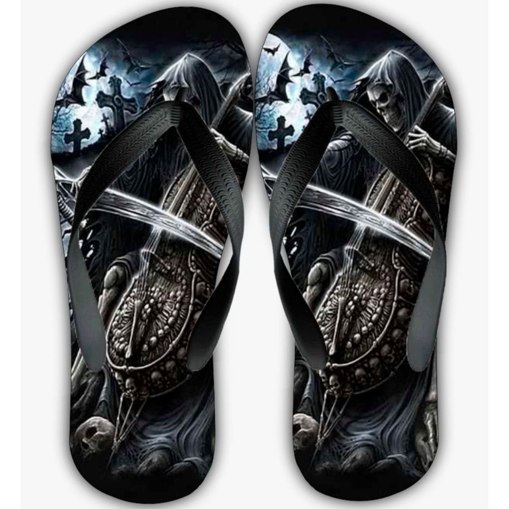 Chinelo Caveira Rock N Roll Metaleiro Anos 80 Masculino e Feminino
