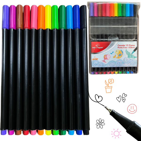 Kit 12 Canetinha Ponta Fina Caneta Escola Cores Profissional Material ...
