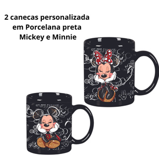 2 Canecas Personalizadas Turma do mickey porcelana preta com toque de modernidade, presente ideal 325ml