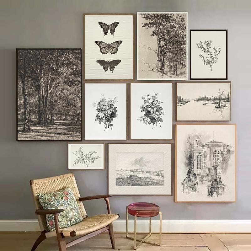 Quadro Esboço da árvore rústica Vintage Desenho Art Prints, Farmhouse ...