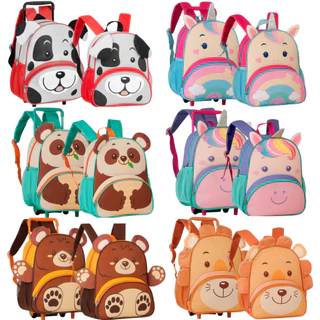 Kit Mochila de Rodinha Infantil + Mochila Escolar Passeio Animais 3D Clio Pets Zoo p/ Escola Creche Bebês Crianças Volta as Aulas 2024