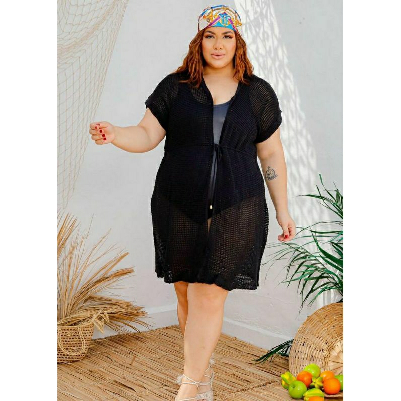 Saída de Praia Plus Size Tricot Aberta Moda Praia Piscina Feminina ...
