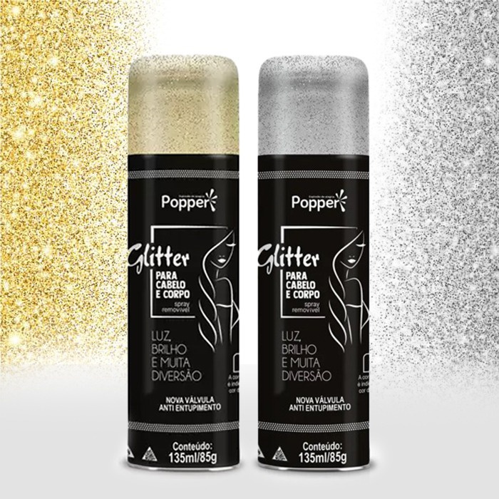 Spray De Glitter Cabelo e Corpo Roupa Popper 135ml Dourado e Prata ...