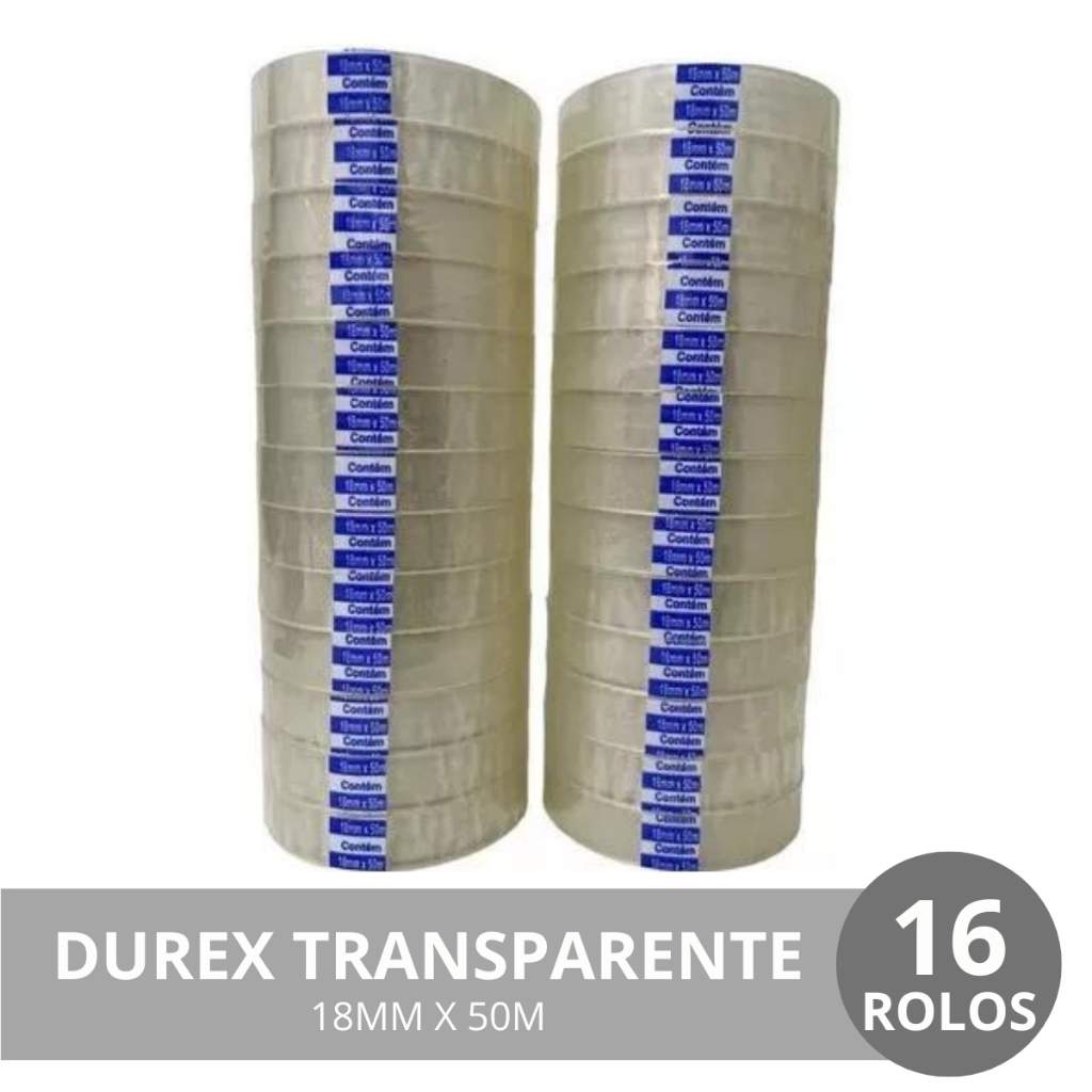 KIT 16 ROLOS DE FITA ADESIVA 18X50 - DUREX TRANSPARENTE 18MM X 50 METROS