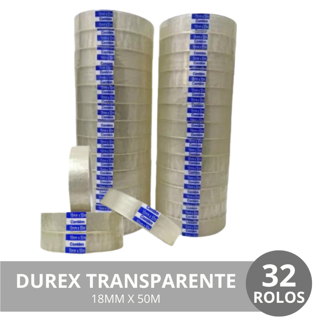 KIT 32 ROLOS DE FITA ADESIVA 18X50 - DUREX TRANSPARENTE 18MM X 50 METROS