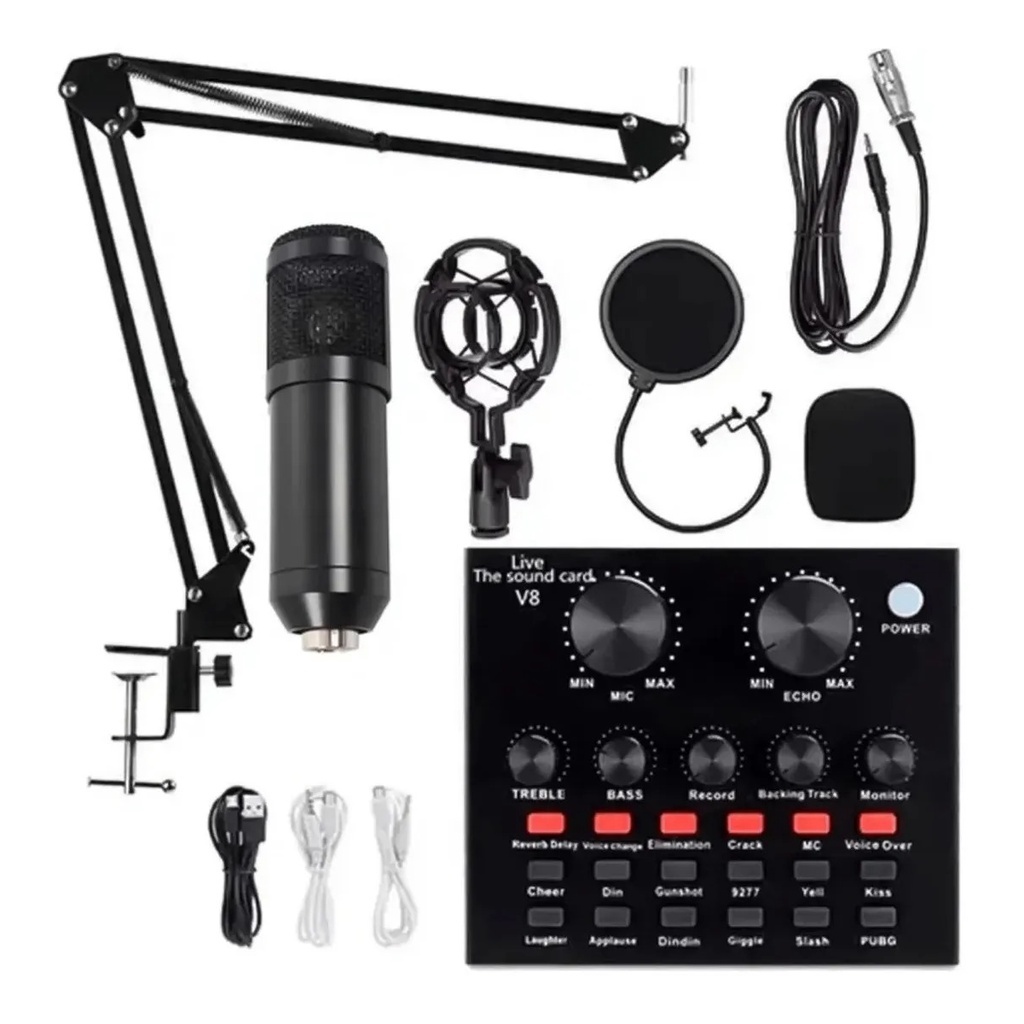 Kit Microfone Condensador Para Estúdio + Braço Articulado Interface De Áudio