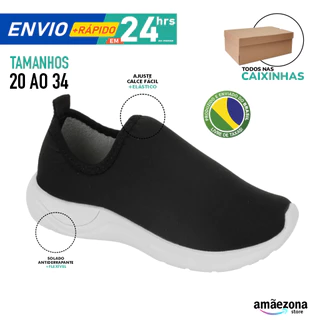 Tenis Infantil barato Econômico Preto liso solado branco antiderrapante levinho e macio calce fácil sem cadarço casual