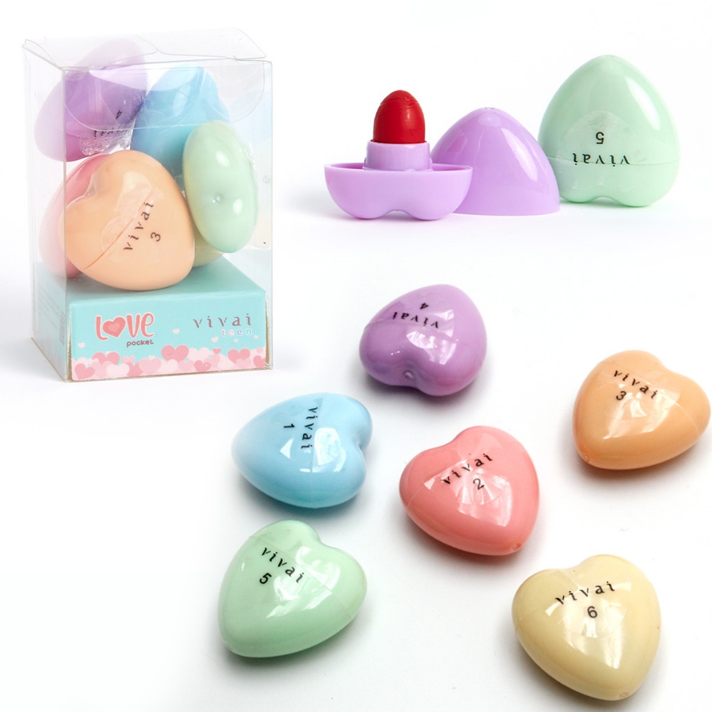 Batom de Coração 6 Cores, Love Pocket Teen, Diversas Cores, Hidratação, Longa Duração Batons Vivai