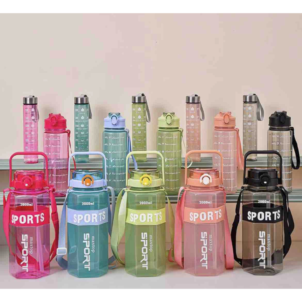Kit Garrafas 3 em 1 Sport garrafas 2L 900ml 300ml Squeze Academia Treino Tie Dye com adesivos