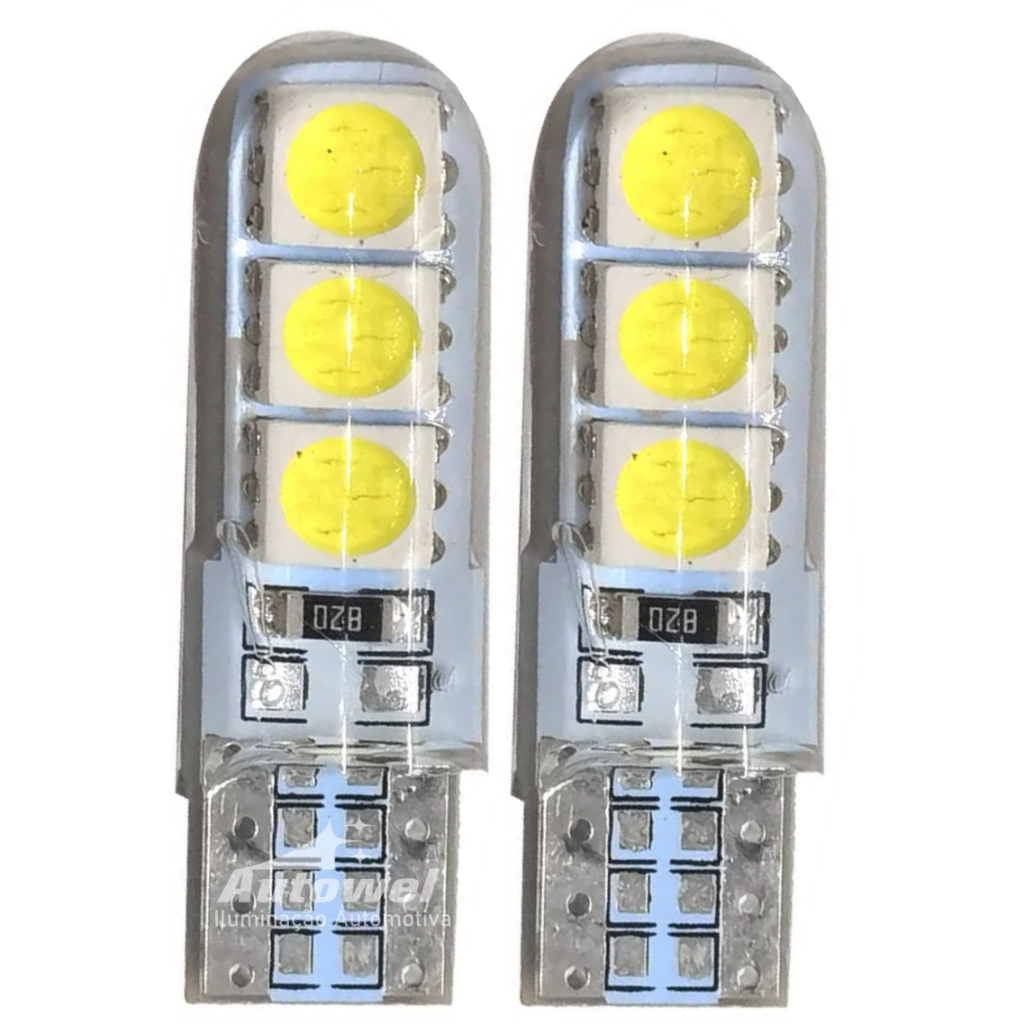 Par Lampadas T10 6 Led Siliconada Branca 5050 12V 6000k