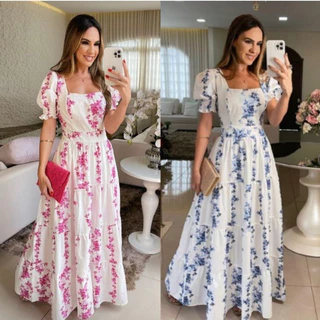 Vestido Longo Tricoline Algodão Estampado Florido Manga Bufante Elegante Moda Verão!