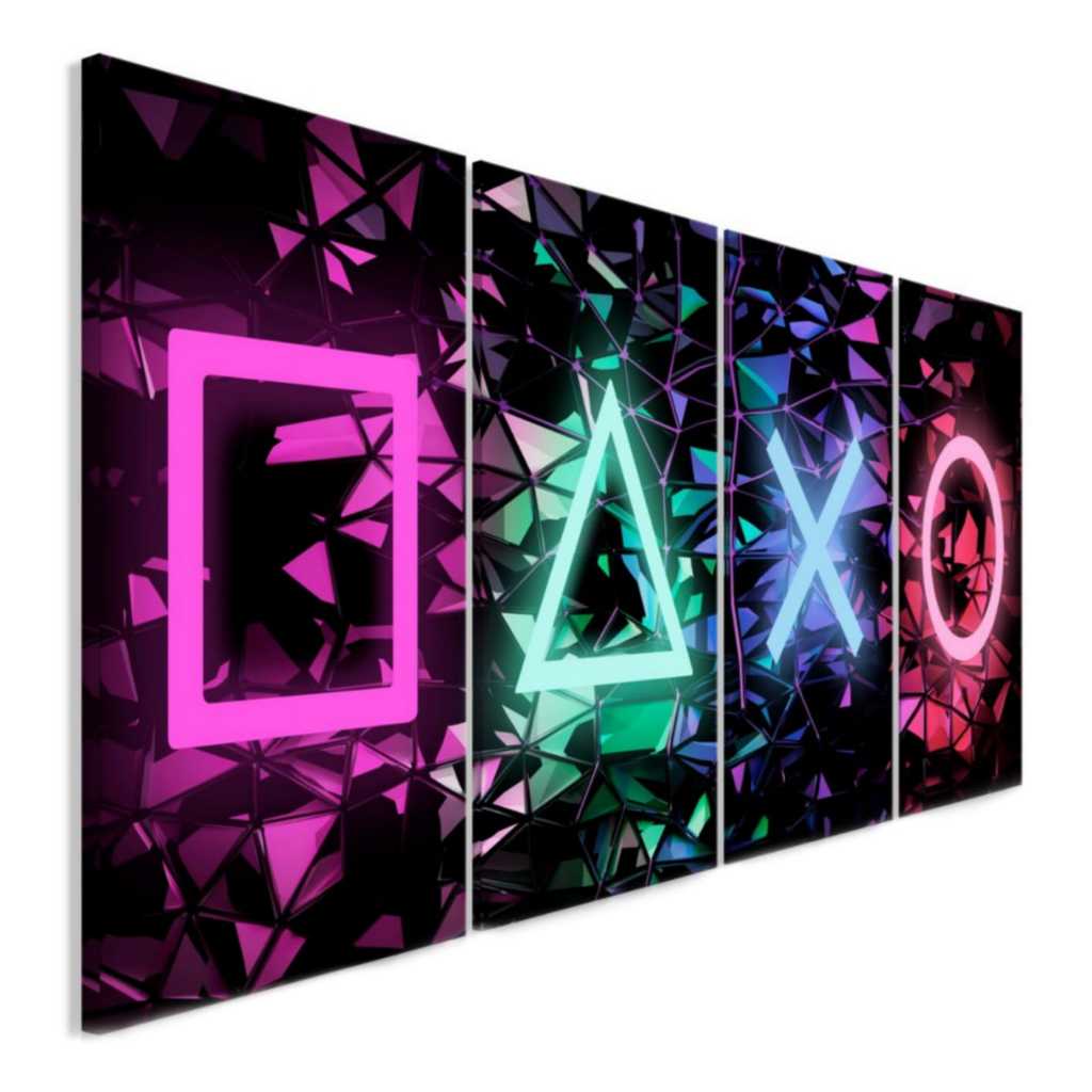 Kit de 4 Quadros Placas Decoração Comandos de Videogame Neon Gamer Jogos Para Sala/Quarto