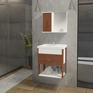 Conjunto gabinete banheiro MDF Rubi 50cm com cuba e espelheira