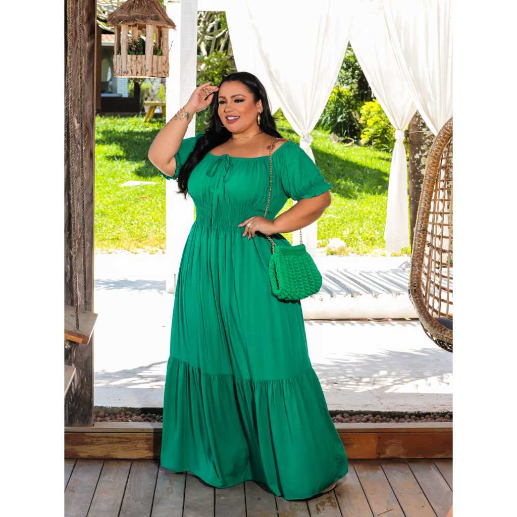 Plus Size Vestido Ombro A Ombro Verde Vestido Midi Vestido