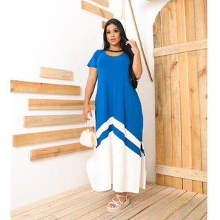 Vestido Longo Bicolor Moda Feminina Fenda Viscolycra Manga Curta do 38 ao 48 em Oferta na Shopee