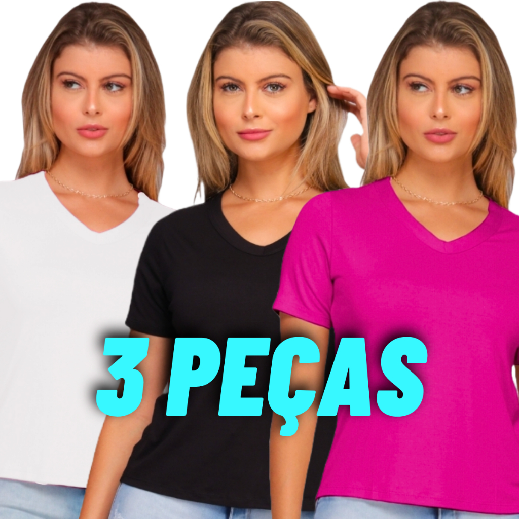 Kit 2 Blusas Femininas Gola V Manga Curta