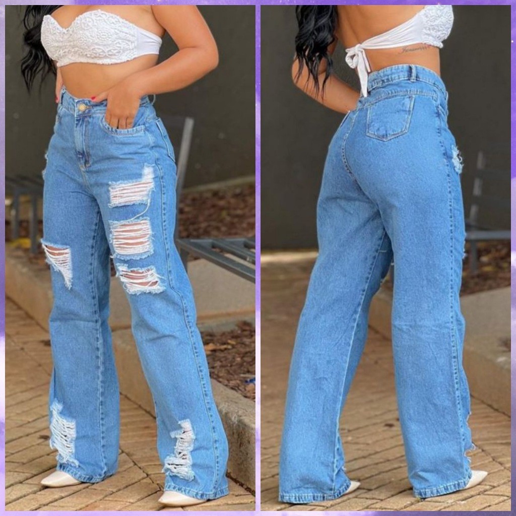 Calça Wide Leg Jeans Feminina Cintura Alta pantalona