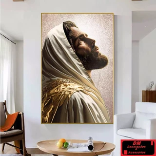 Quadro Jesus Religioso Bordas Dourada Decorativo Luxo Para Sala Grande 70x50 cm