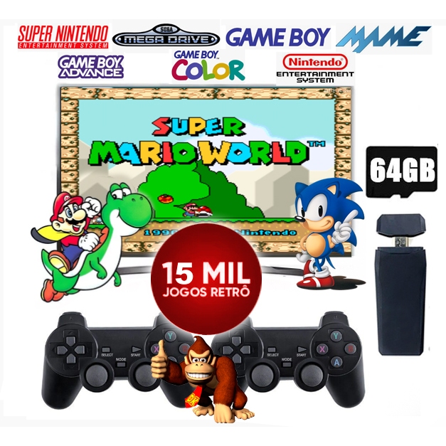 Video Game Retrô 15 mil Jogos Console 4k 2 Controles Stick Portatil Super Mario Word Sonic Top Gear golden Axe Street of Rage