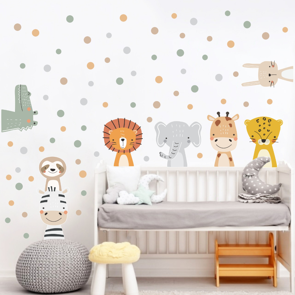 Adesivo de parede Infantil Safari Bichinhos Boho Escandinavo com bolinhas decoração quartinho bebê