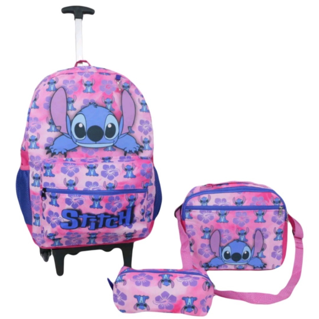 Kit Mochila Stitch Rosa Rodinhas Lancheira e Estojo Mochila Infantil