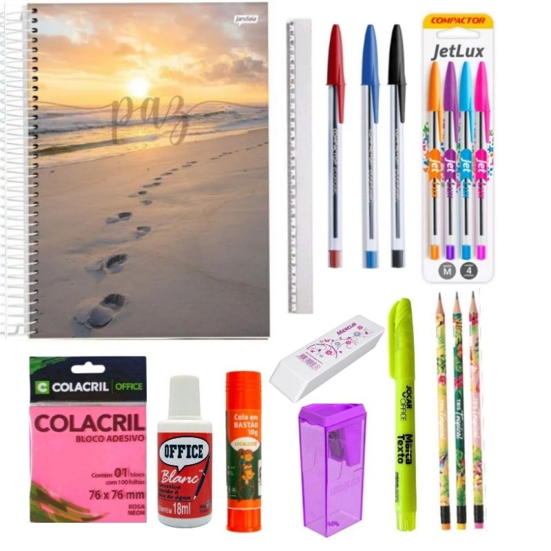 kit material escolar , faculdade 18 itens , caderno universitário 10 ...