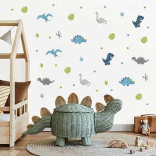 Adesivo Parede Infantil Dinossauros Dinos Baby com folhas e bolinhas decoração quarto de bebê