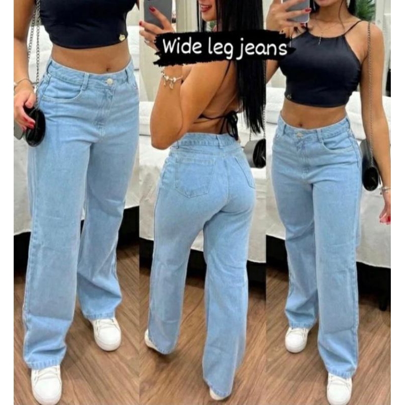 calça jeans feminina cintura alta pantalona wide leg boca larga 100% ...