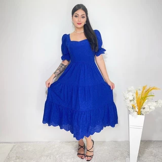 vestido midi lese bordado manga curto 0980