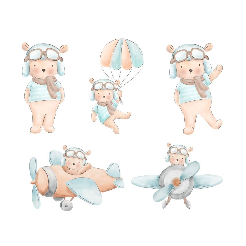 50 Apliques Ursinho aviador aquarela - Toppers Recortes Tubete Enfeites Tags Chá de bebê