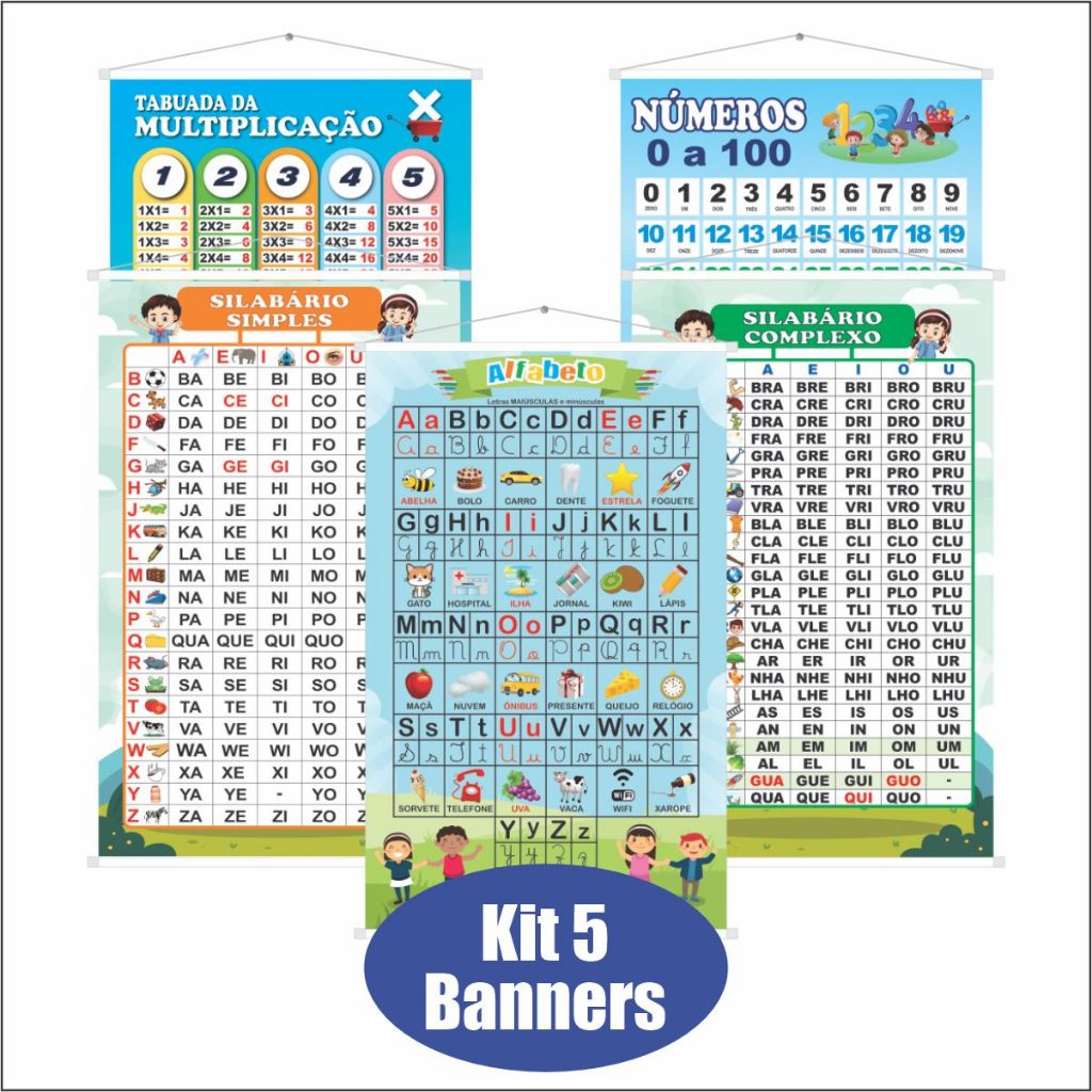 Kit 5 Banners Escolar Didático Pedagógicos Silabário Simples Complexo Numeros E Alfabeto