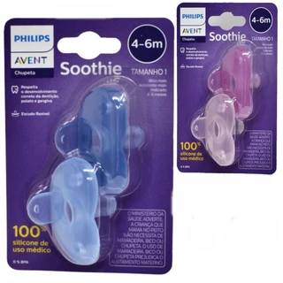 Kit c/2 ou 1 Chupeta Philips Avent Soothies Dupla 4-6m Silicone Rosa, Azul e Neutra
