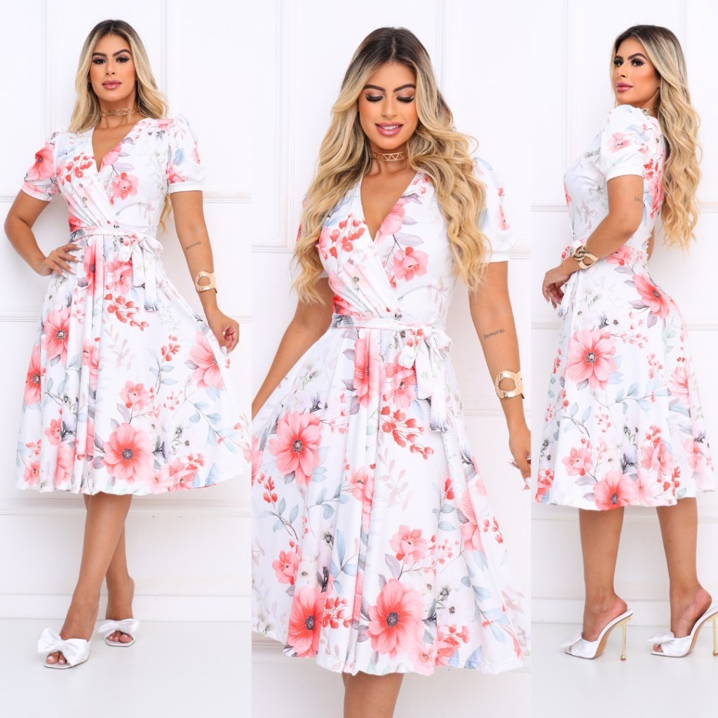 Vestido Midi Estampado Floral Manga Curta Saia Rodada Moda Evangélica Verão