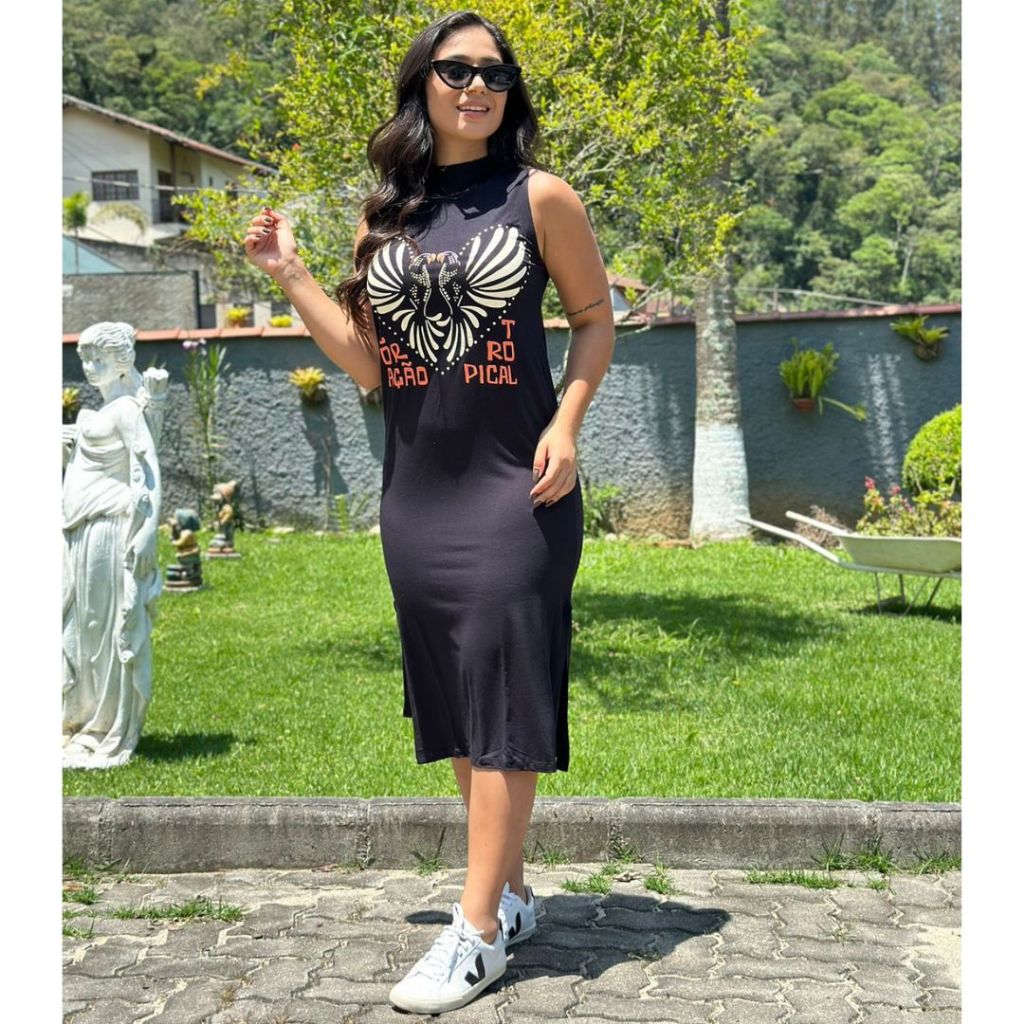 Vestido Feminino Midi Estampado Com Fenda Vistido Tubinho Regatão