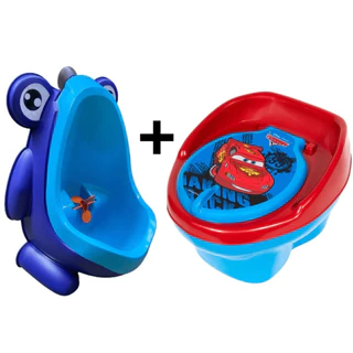 Kit Mictório Infantil Sapo Desfralde Menino Azul + 1 Troninho StillBaby Carros Vermelho/Azul 2X1