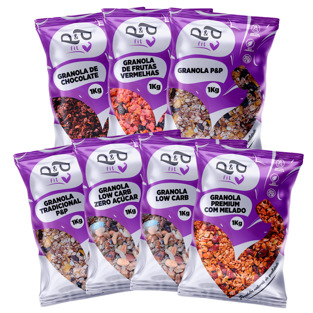 Granola P&P 1Kg Premium Chocolate Zero Açúcar Low Carb Frutas Vermelhas e Tradicional