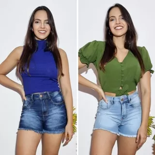 Short Bermuda Jeans Feminino Luxo Cintura Alta Levanta Bumbum Barra Dobrada e Barra Desfiada Com Elastano