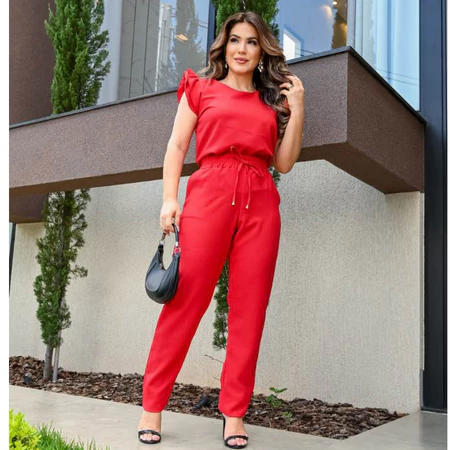 Conjunto feminino casual  - blusa e calça em linho de algodão com babado na manga