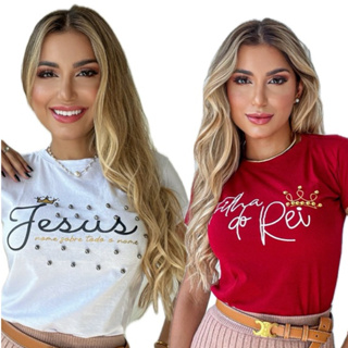 Kit 2 blusas tshirt Jesus pérolas + Filha do Rei feminina moda evangélica 100% algodão