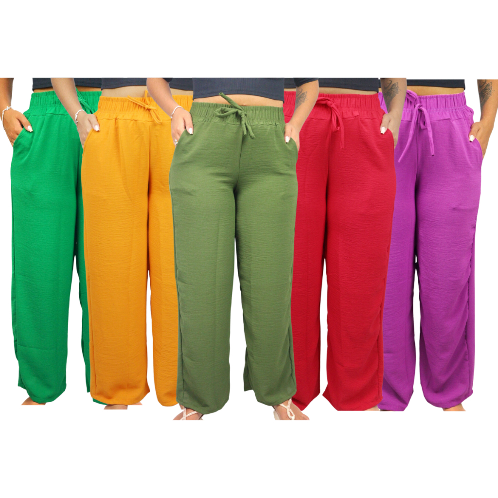 Calça Pantalona Feminina Com Elástico Na Cintura Tecido Duna