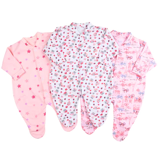 Kit 3 Peças Macacão Estampado para Bebê com Pé - 100% algodão Menina e Menino