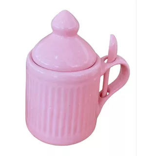 Açucareiro de Cerâmica Com Tampa e Colher Branco Rosa 200ml Servir Mesa Posta Com Açucareiro
