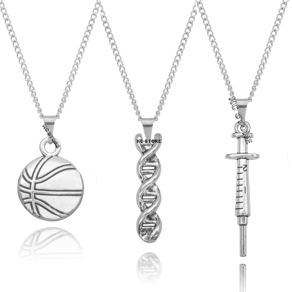 Colar corrente banhado pingente DNA Seringa Bola De Basquete Basketball masculino feminino em aço inoxidável não fica preto escurece