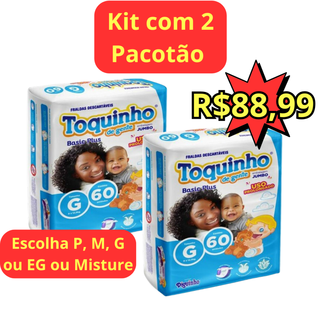 Kit com 2 pacotes de Fraldas Descartáveis Infantil Toquinho Basic Plus Jumbo M 140, G 120 e EG 100 Unidades. Escolha o tamanho G ou EG.