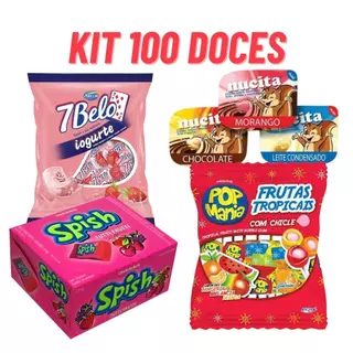 Kit 100 Doces de Festa Lembrancinha Aniversário Guloseimas Sacolinha Surpresa Pacote de Doces