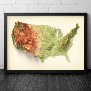 Mapa de Relevo Artístico EUA Estados Unidos da América Colorido - USA