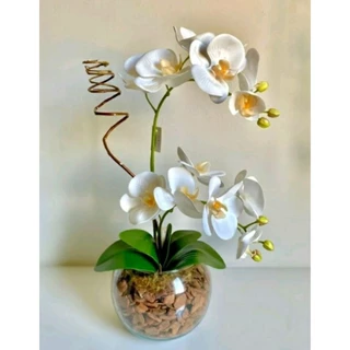 Arranjo Orquídea Artificial Permanente, em Vaso de Vidro Terrário/Metalizado Luxo Prata - Decoracao Decorativa de Mesa Sala Casa.