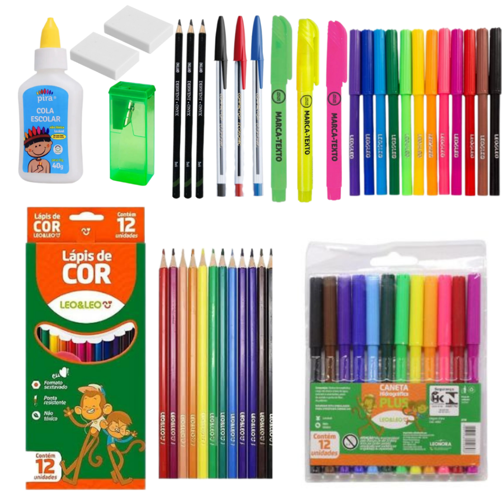 Kit Material Escolar Voltas Aulas Escrita 19 itens Caneta Borracha  Corretivo Lápis Cola Marca-Texto Régua Bic Mercur - Loja Kento - Papelaria,  material para escritório e informática.